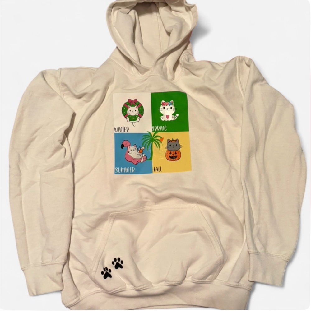 Repurposed Cream Hoodie with Seasonal Cat Design
